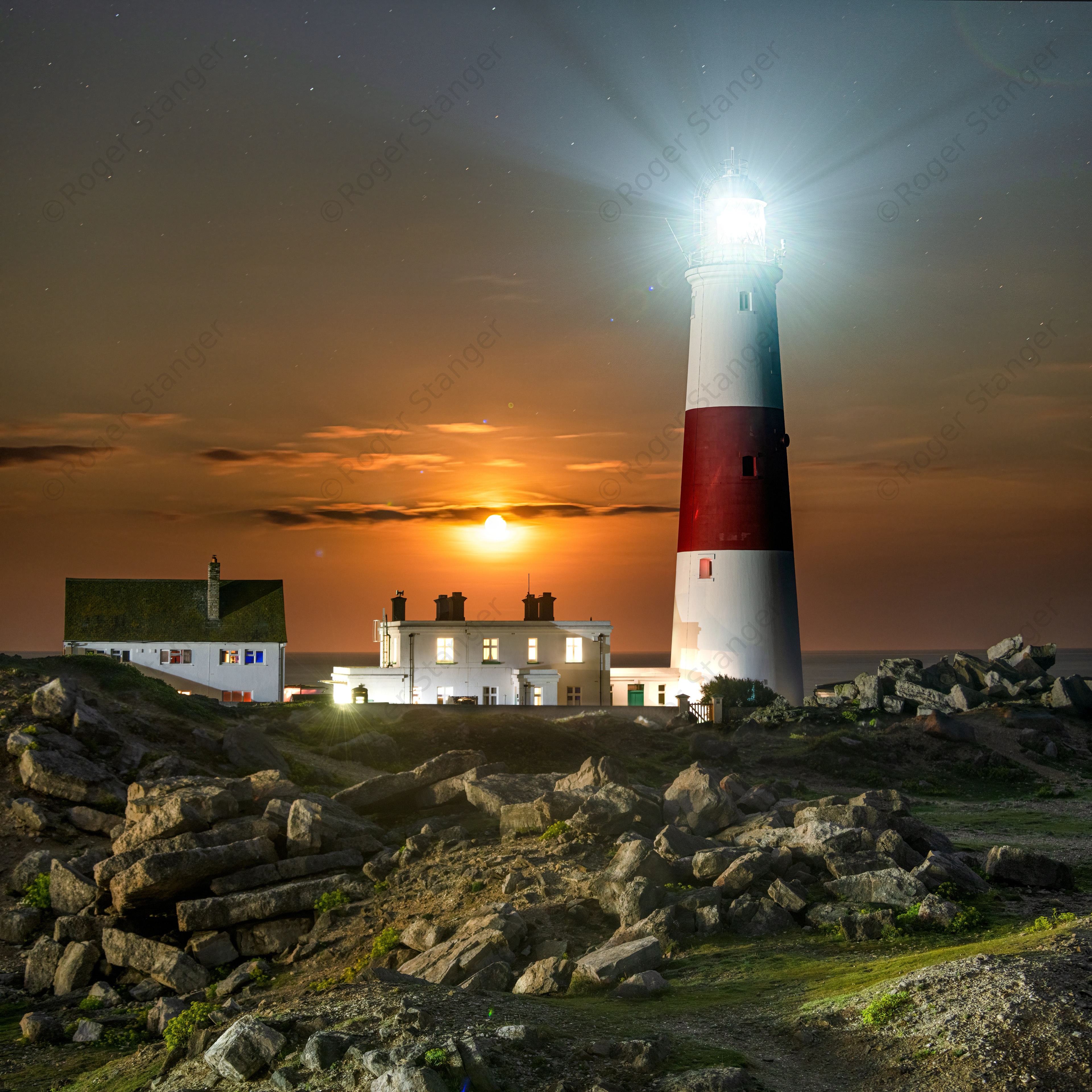 Portland Bill Lighthouse And Moonrise