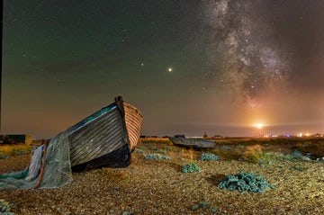 Dungeness Boats Milky Way Green Sky and Lighthouse